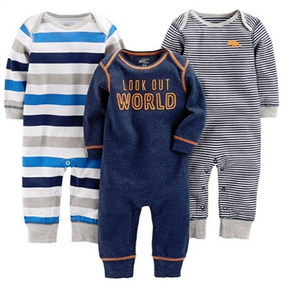 Simple Joys By Carter's Baby Boy's 3-Pk Jumpsuits Gray/Multi-Stripe/Navy (6-9M)
